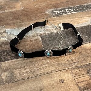 Western Turquoise Flower Velvet Choker Necklace Boho Silver Concho Adjustable